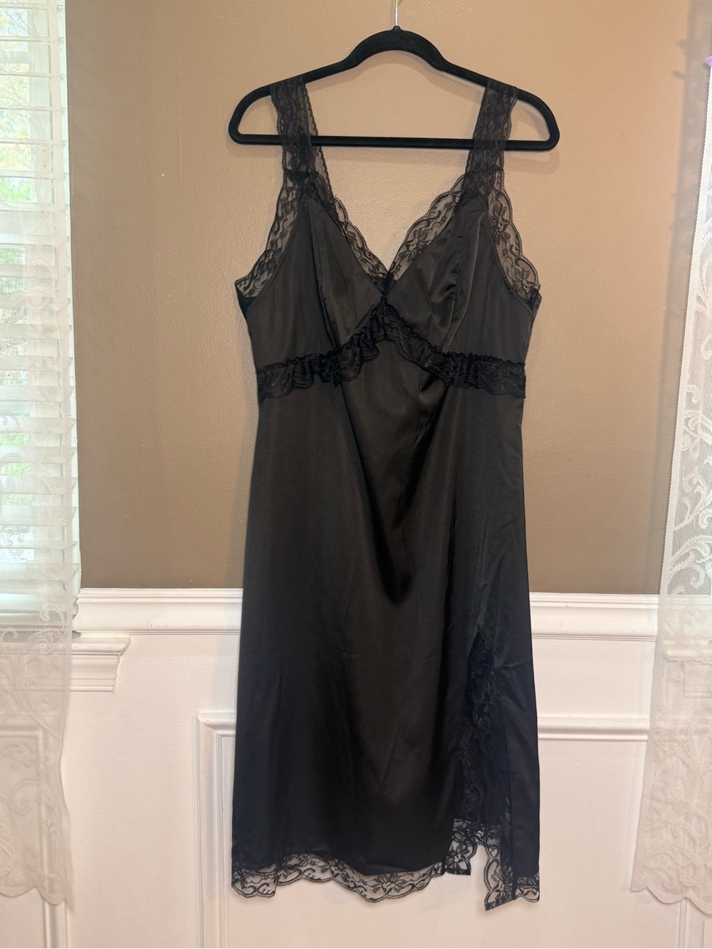 Cider 1X Black Satin Lace Trim Midi Dress 90s Minimalist
